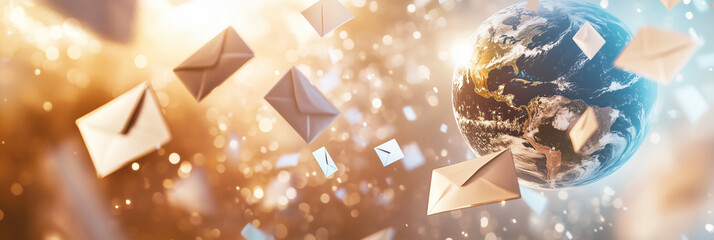 A minimalistic, realistic design of Earth's globe in the corner with letters and envelopes orbiting around it, symbolizing global communication and connection for World Post Day.