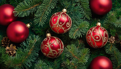 Fototapeta premium Christmas decorations - red decorative balls, toys on green branches. Festive New Year background