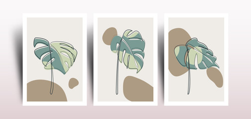 Set Of Three Mid Century Wall Art Background With Monstera Leaves And Continuous Line. Suitable for Wall Art Decoration, Brochure, Cover Design, Postcard, Banner and Others. Vector Illustration