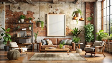 Obraz premium Vintage hipster loft interior mock up poster with eclectic furniture, plants, and abstract art on the walls
