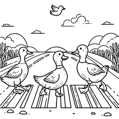 Duck Adventure Coloring Book Illustration Drawing