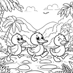 Duck Adventure Coloring Book Illustration Drawing