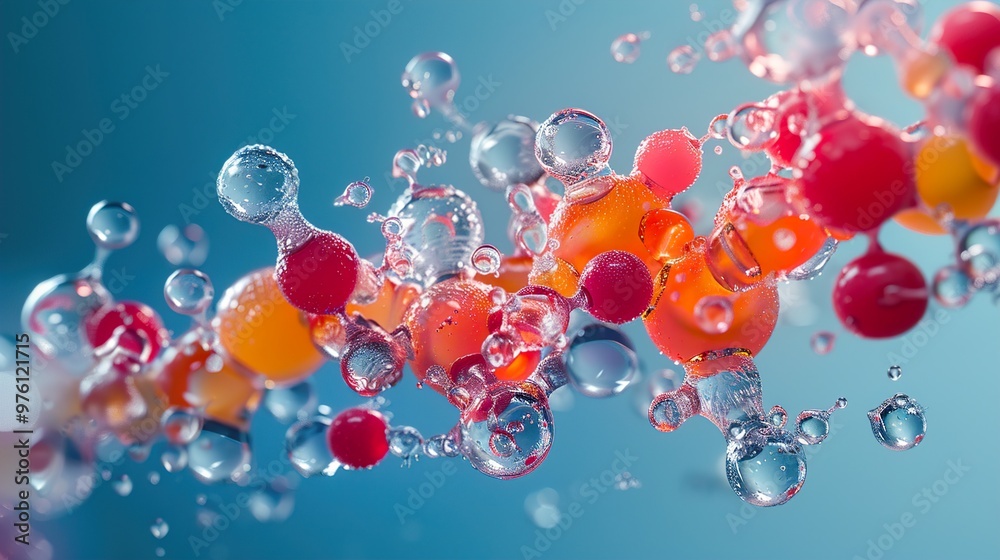 Poster abstract molecular structure: a 3d render of colorful spheres