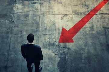 Despondent businessman gazes at descending red arrow piercing through concrete floor