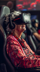 Senior Woman Engaged in Virtual Reality Gaming, Delighted by Immersive Experience