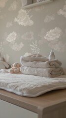 A warm and clean bathing scene, a display table for maternal and infant wool products