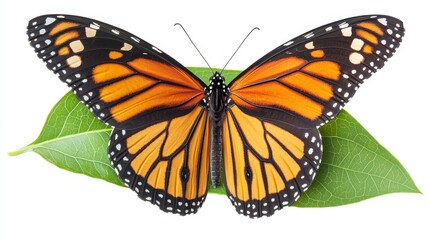 Obraz premium A stunning monarch butterfly perched gracefully on a green leaf, showcasing vibrant orange and black wing patterns.