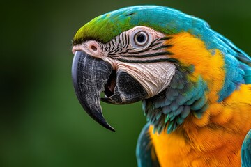 Fototapeta premium A close-up of a colorful parrot's beak and vibrant feathers, showcasing the intricate textures and patterns