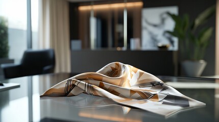 A silk scarf with geometric patterns resting on a modern glass table, with a sleek, minimalist office space in the background
