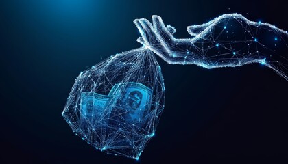 Abstract hand holding money bag created with lines and triangles on blue background