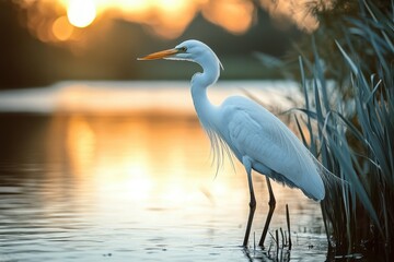 Naklejka premium Solitary heron standing among tall reeds at the edge of a lake during a vibrant sunset, peaceful wildlife scene by the water, Ai Generation