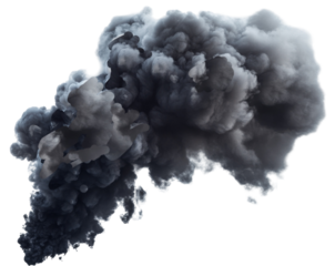 A captivating portrayal of a large explosion, emphasizing the swirling black smoke and forceful impact, set against a clear background