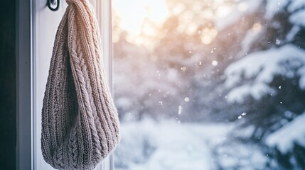 Obraz premium A thick cable-knit scarf hanging on a metal hook, with a misty, snow-covered landscape visible through a window in the background