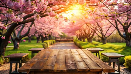 Empty wooden table in a rustic cherry blossom restaurant surrounded by blooming sakura trees on a sunny day in a warm cozy garden