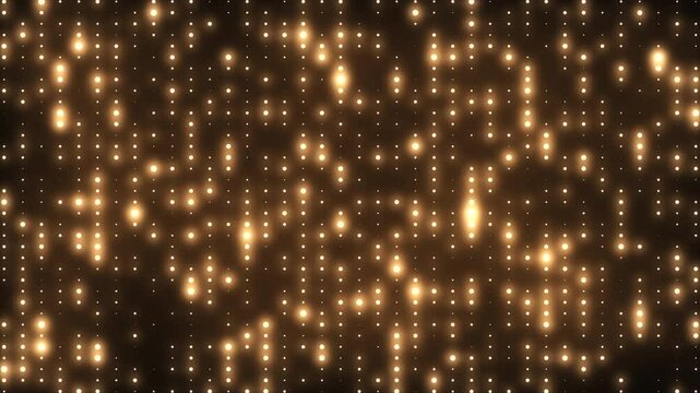 Bright golden disco lights seamless motion. Glowing flicker wall lights for night club, glamour and fashion event. Disco party flashing lights. VJ animation. Flashing wall. Music video,  jazz, pop.