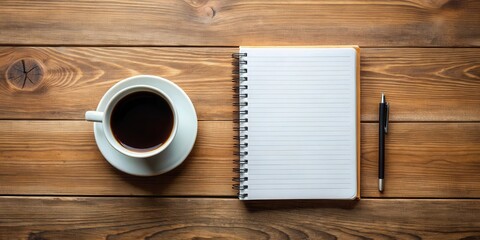Minimalistic flat lay composition of a blank notebook with a coffee cup on a wooden desk