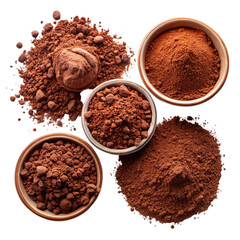 Set of cocoa chocolate powder top view isolated on transparent background.