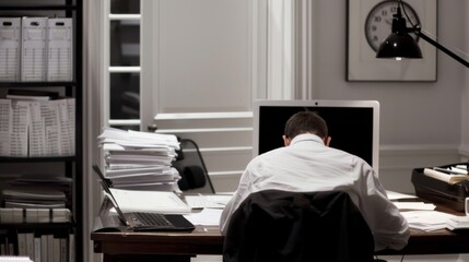 Tired office worker at desk lateat night, surrounded by stacksof papers and computerscreen,clock shows 10 PM,long workplace hours,professional workenvironment.