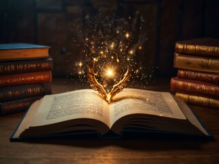 Magic adventure story emerging from an open book.