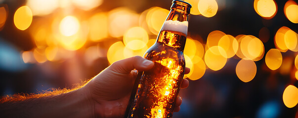 A hand holding a chilled beer bottle against a warm, glowing sunset background, capturing the essence of summer relaxation.