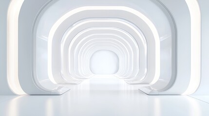 Obraz premium Futuristic white hallway with glowing arches and clean lines, creating a serene and modern atmosphere for diverse uses.