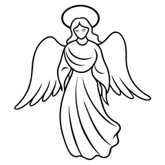 An angel with wings, halo, and a flowing robe, shown in elegant, minimalist lines vector