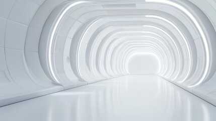 Futuristic white tunnel with smooth surfaces and ambient lighting, creating a modern and sleek atmosphere.