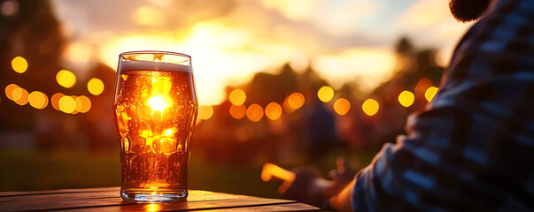 A refreshing glass of beer glimmers in sunset light, creating a warm and inviting atmosphere for social gatherings.