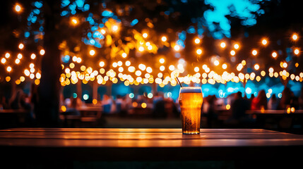 A refreshing drink rests on a table under glowing lights, creating a cozy evening ambiance for social gatherings.