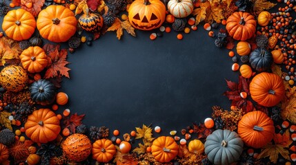 Autumn-themed decoration with pumpkins and fall foliage.