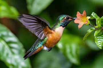 Fototapeta premium A hummingbird hovering near a flower, with iridescent feathers catching the light and its beak delicately sipping nectar