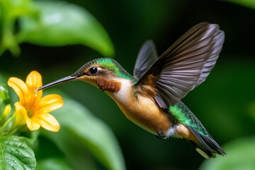 A hummingbird sipping nectar, with its delicate beak extended and iridescent feathers catching the light