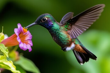 Fototapeta premium A hummingbird hovering near a flower, with iridescent feathers catching the light and its beak delicately sipping nectar