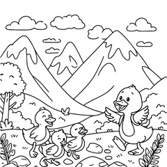 Duck Adventure Coloring Book Illustration Drawing