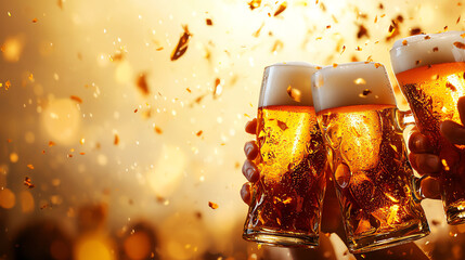 Cheers to good times with cold beer glasses raised high, capturing the joy of friendship and celebration in a warm glow.