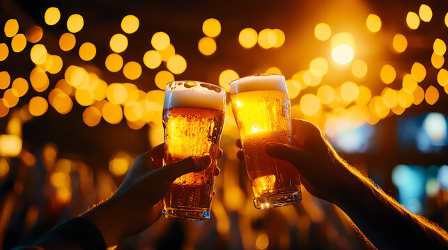 Cheers to good times! Two glasses of beer clink together against a backdrop of warm lights, celebrating friendship and joy.
