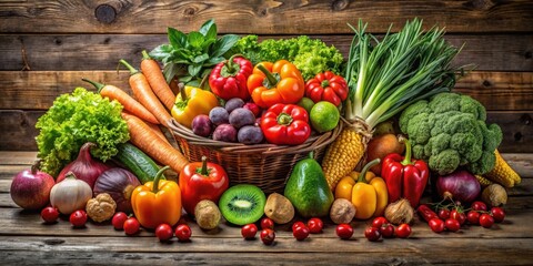 Assortment of fresh fruits and vegetables on a rustic wooden table