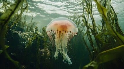 3. A murky, underwater scene featuring a box jellyfish drifting among the seaweed in tropical waters