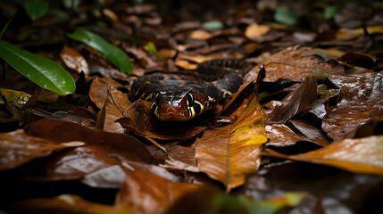 4. The leaf-strewn floor of a South American jungle showcasing a fer-de-lance snake partially hidden among the leaves