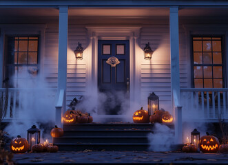 Hauntingly decorated porch with glowing jack-o'-lanterns and fog on Halloween night