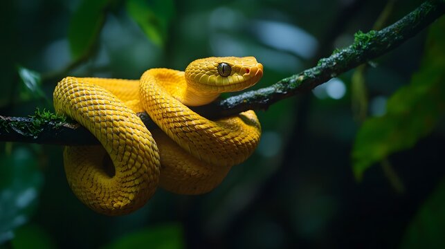 10. The dark, mysterious depths of a rainforest with a golden lancehead snake coiled on a branch