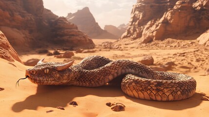 13. The arid terrain of a desert with a horned viper blending into the sandy environment