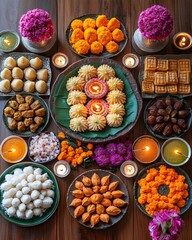top view of Diwali Feast with Traditional Indian food 