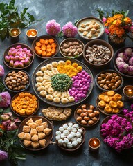 top view of Diwali Feast with Traditional Indian food 