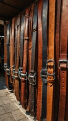 Market stand with many leather belts.
