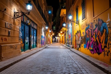 A quiet alleyway in an old city, lit by vintage street lamps and covered in street art