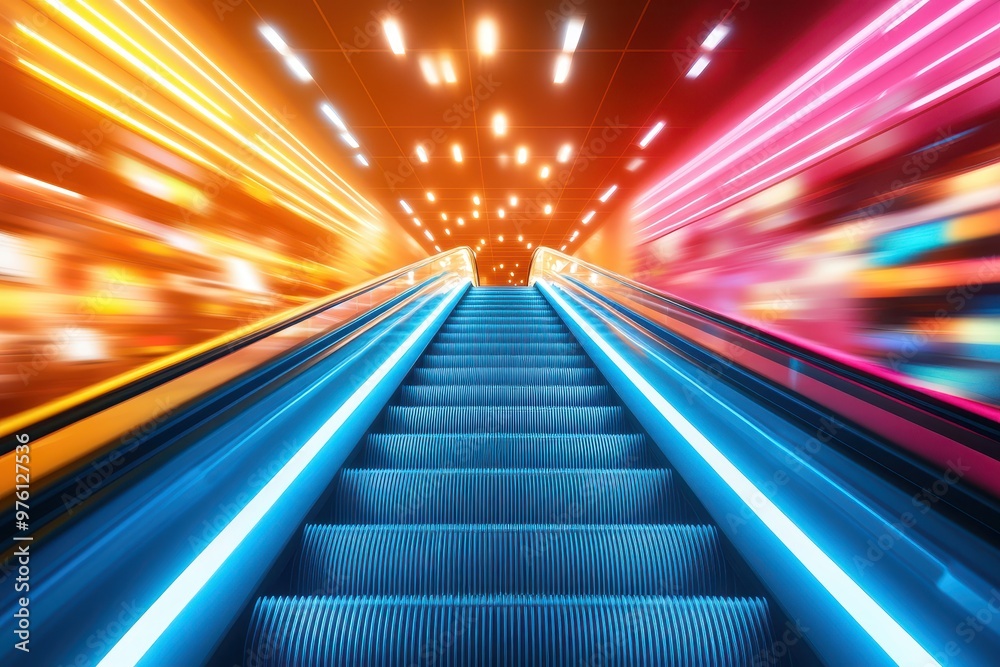 Poster a vibrant and dynamic portrayal of an escalator illuminated by colorful lights, conveying movement a
