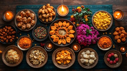 top view of Diwali Feast with Traditional Indian food 