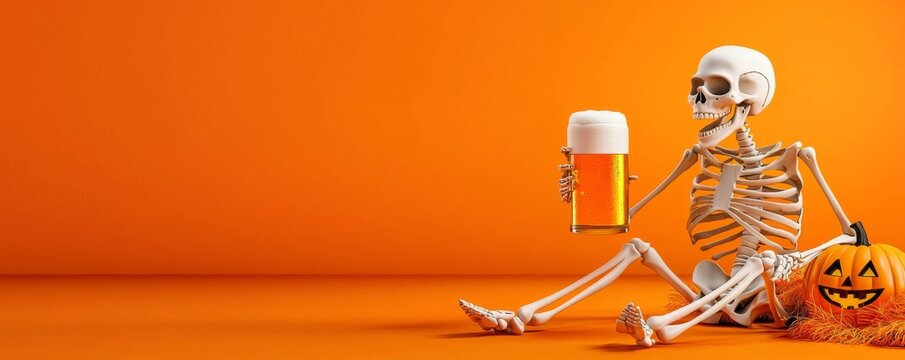 Halloween skeleton cheers with beer flat design side view spooky celebration theme 3D render Splitcomplementary color scheme