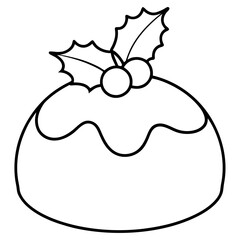 A simple outline of a Christmas pudding with holly leaves and berries on top vector
